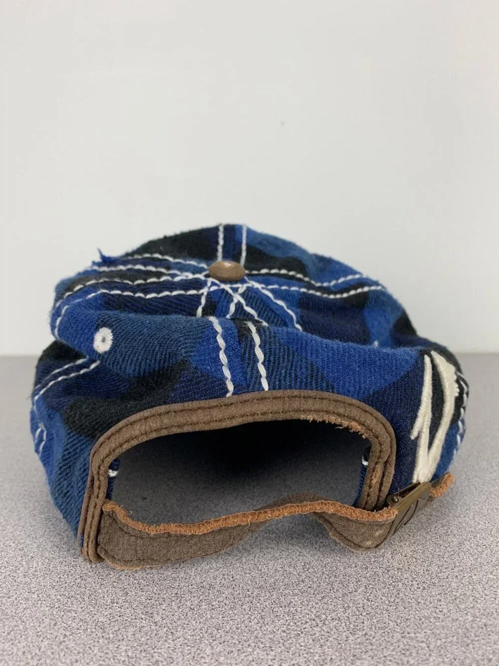 True Religion Distressed Blue Plaid Hat